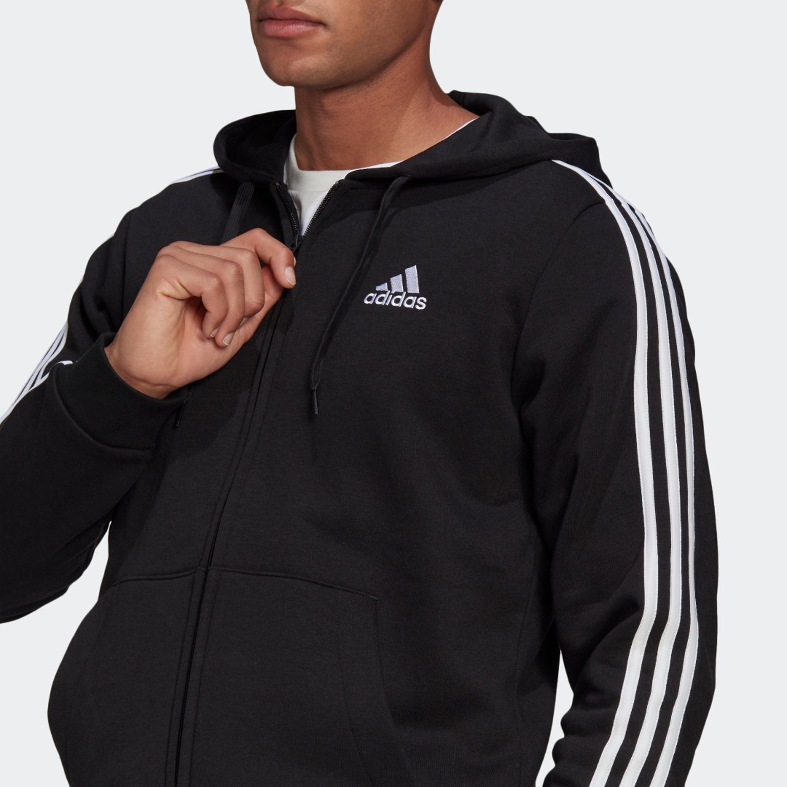 adidas Essentials Fleece 3-Stripes Full-Zip huvtröja  Svart